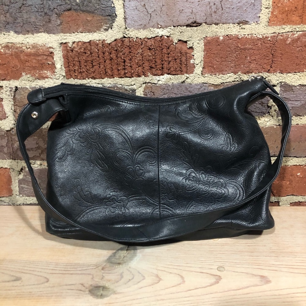 Fossil - Floral embossed black leather bag